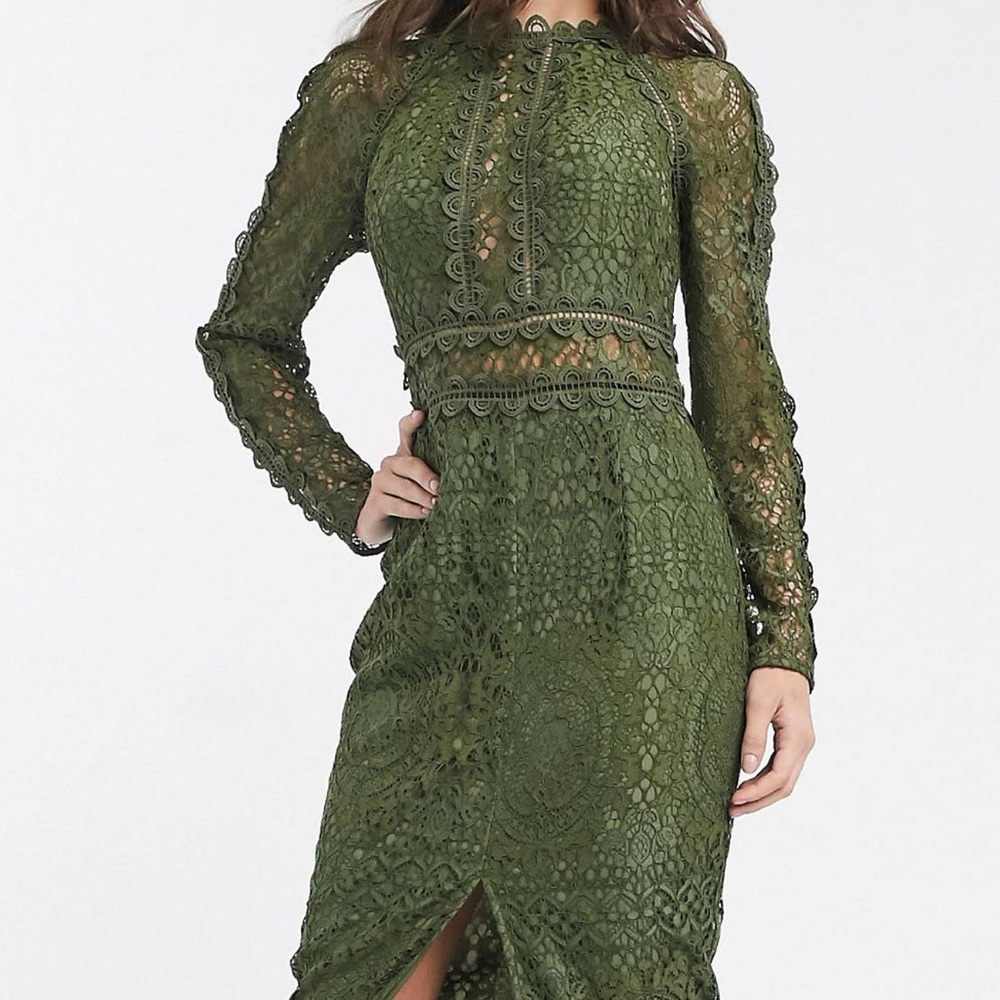 ASOS DESIGN long sleeve pencil dress in lace with geo lace trims
